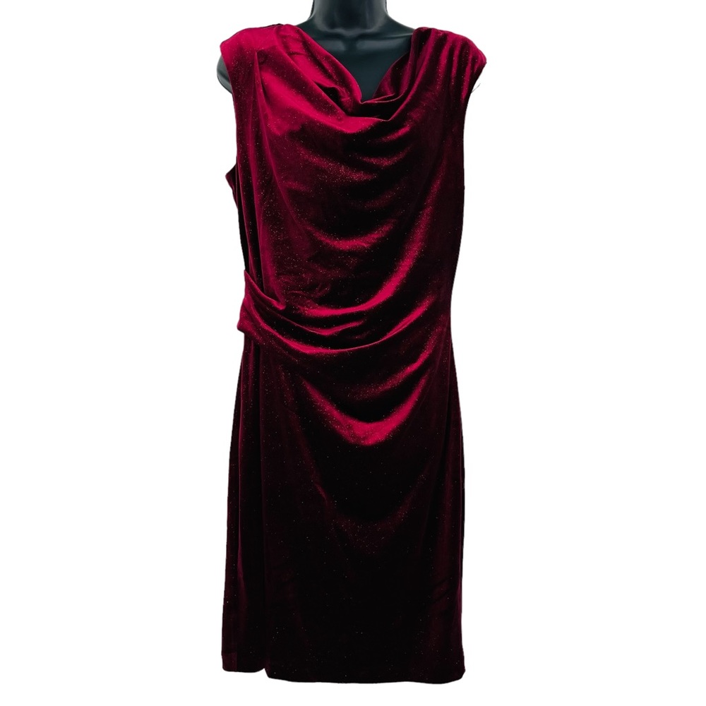 Eliza J velvet metallic cowl neck sheath dress side ruched women's size 14